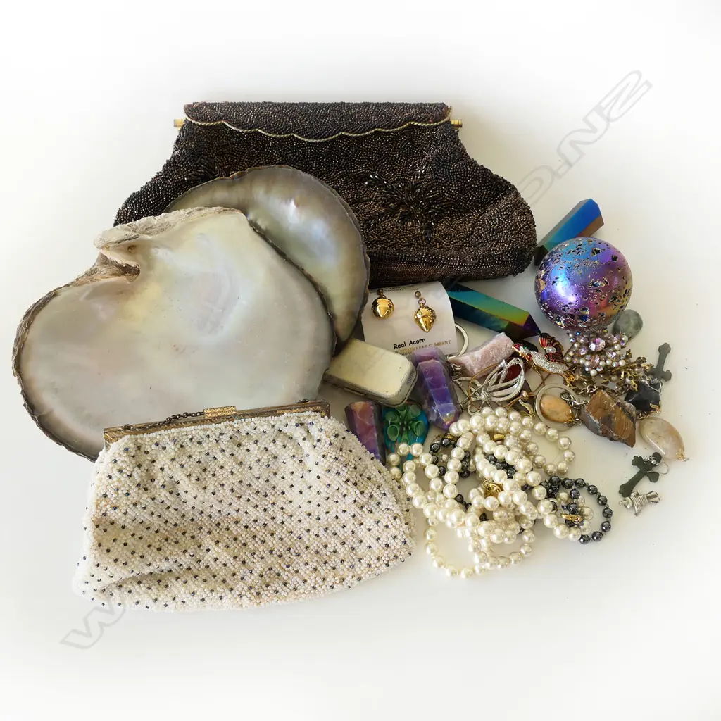 COSTUME JEWELLERY, 2 PEARL SHELLS, 2 BEADED EVENING BAGS ETC *new photo Image 1++