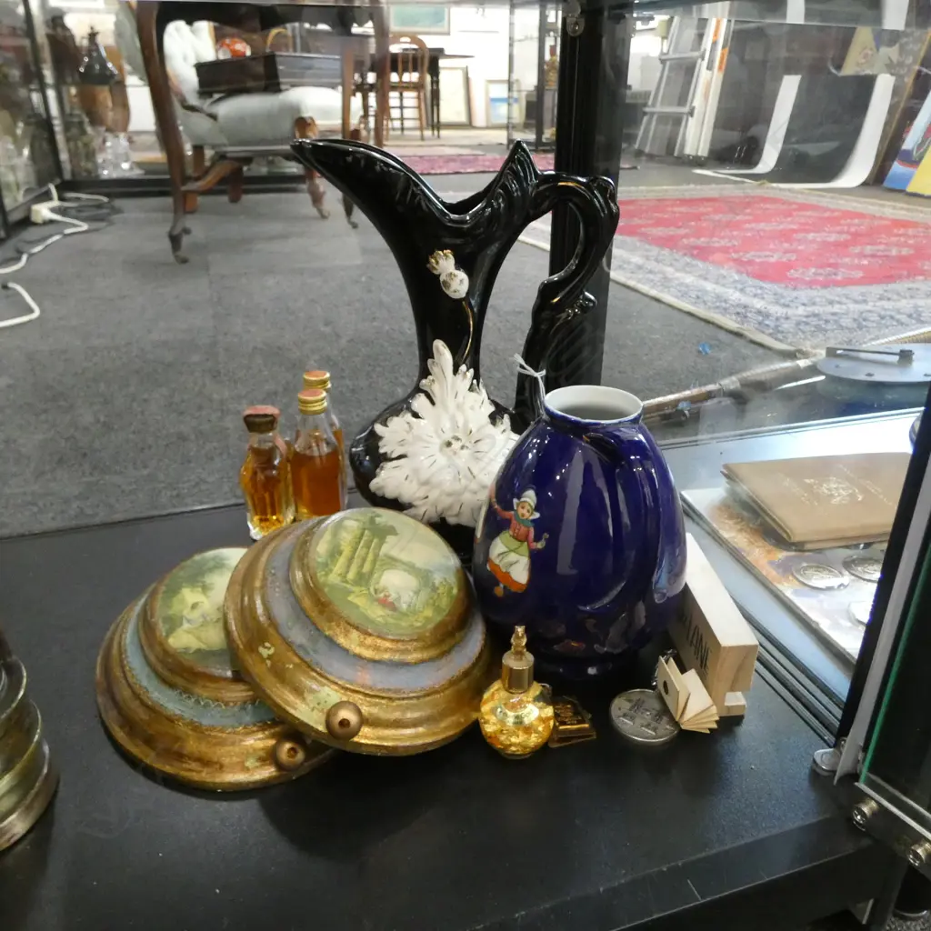 PR SWISS GILDED WALL HANGING MUSIC BOXES w. PRINTED SCENES, 'ALASKA GOLD' IN BOTTLE etc Image 1++