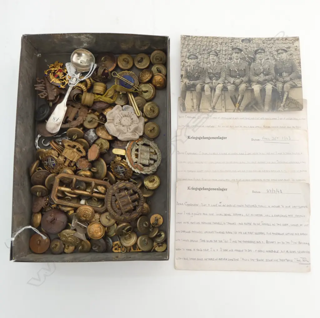 TIN OF OLD MILITARY BADGES & BUTTONS ex. estate. Labelled 'Father & self' w postcards Image 1++