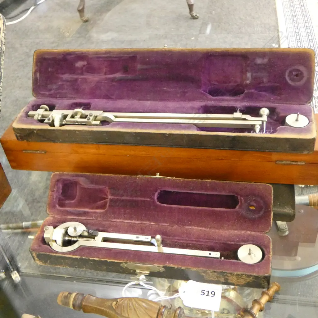 4 CASED TOOLS; 2 POLAR PLANIMETERS, COMPASS SET, WOODEN RULERS Image 1++