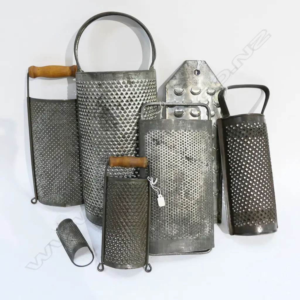 COLLECTION OF 7 VINTAGE TIN GRATERS LARGEST H.415mm Image 1++