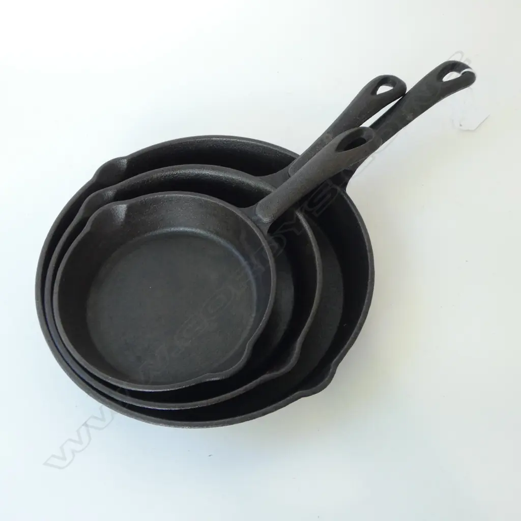 3 GRADUATING CAST IRON FRY PANS 250mm dia Image 1++