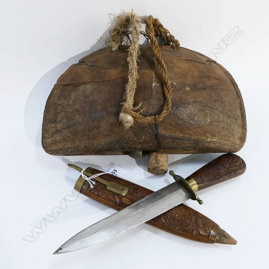 KNIFE w. CARVED WOODEN SCABBARD + RUSTIC WOODEN BELL W.300mm Image 1++