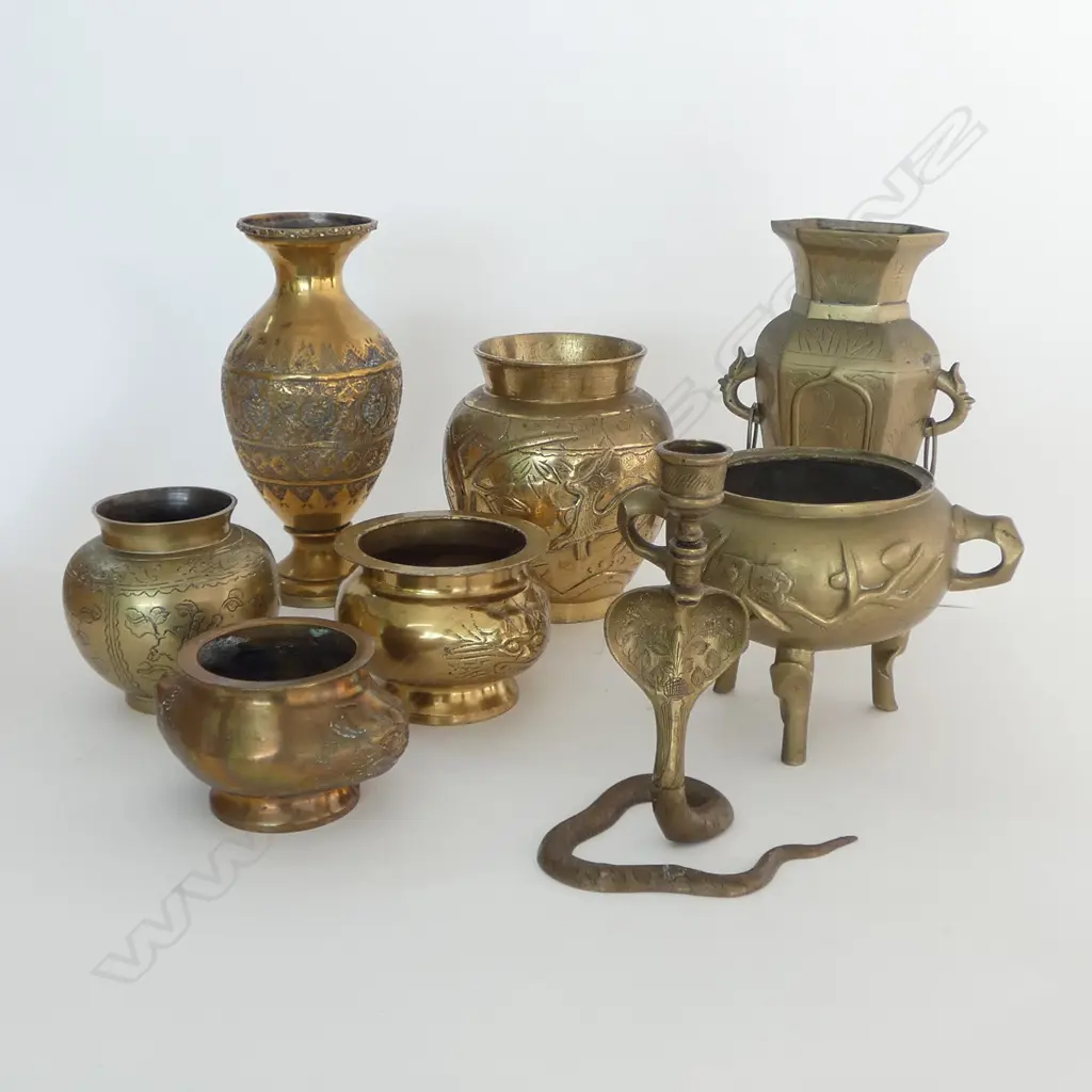 8 ASST. ORIENTAL BRASS ITEMS; 4 VASES H.205mm, 3 INCENSE BURNERS, SNAKE CANDLESTICK Image 1++