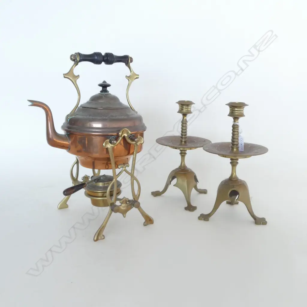 PR BRASS CANDLESTICKS H.225mm + COPPER SPIRIT KETTLE Image 1++
