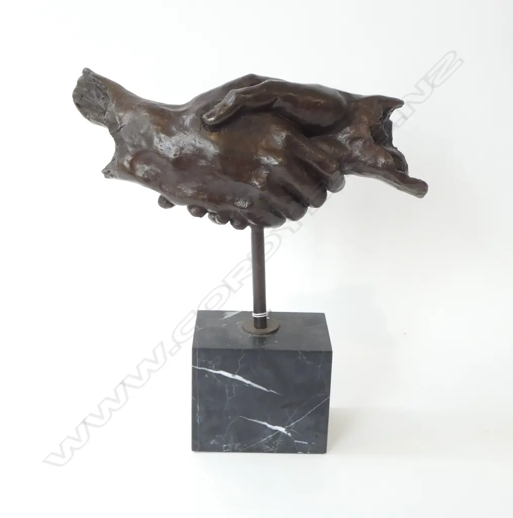 BRONZE SHAKING HANDS SCULPTURE ON MARBLE BASE H.360mm Image 1++