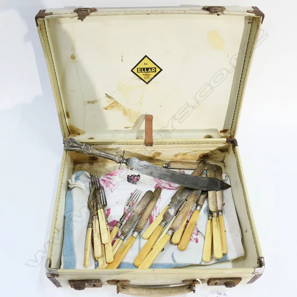 VINTAGE TRAVEL CASE WITH Victorian IVORY HANDLED asst. FRUIT SET 6 FORKS + 13 KNIVES + carving knife Image 1++