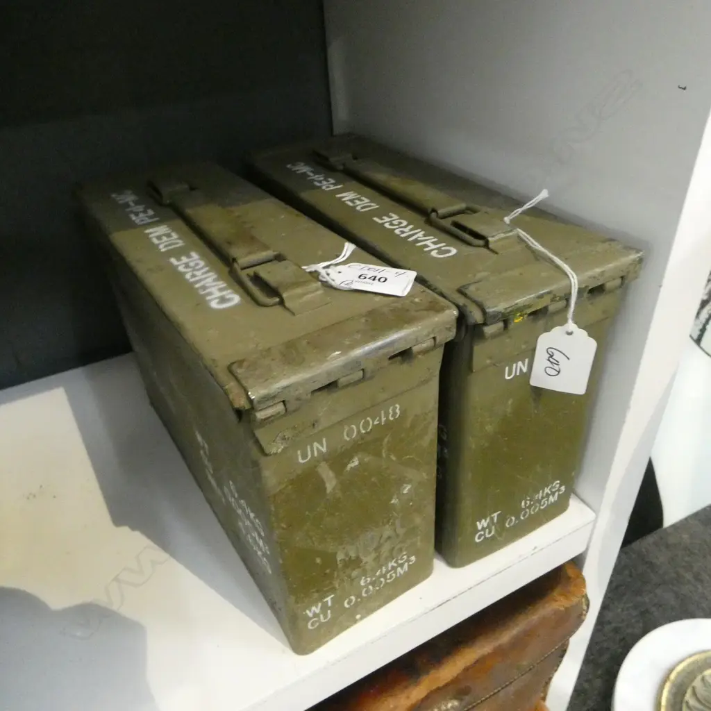 2 VINTAGE MILITARY GREEN PAINTED AMMUNITION BOXES rubber sealed hinged lid  280 X 95 X 180mm Image 1++