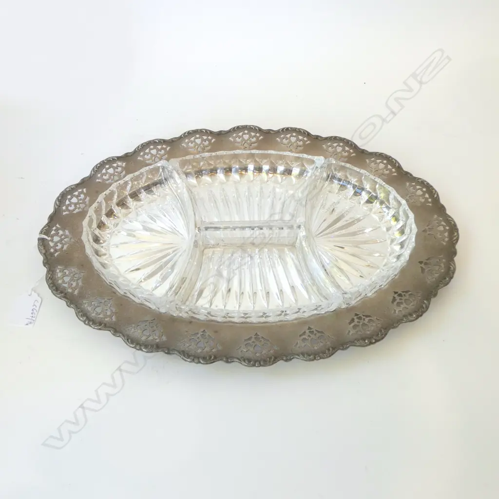 SILVER PLATE OVAL DISH w. 4 GLASS BOWLS 410x280mm Image 1++