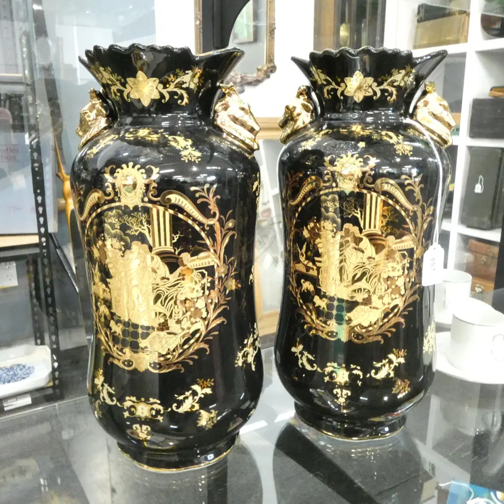PR LIMOGES STYLE BLACK & GOLD VASES H.360mm Image 1++