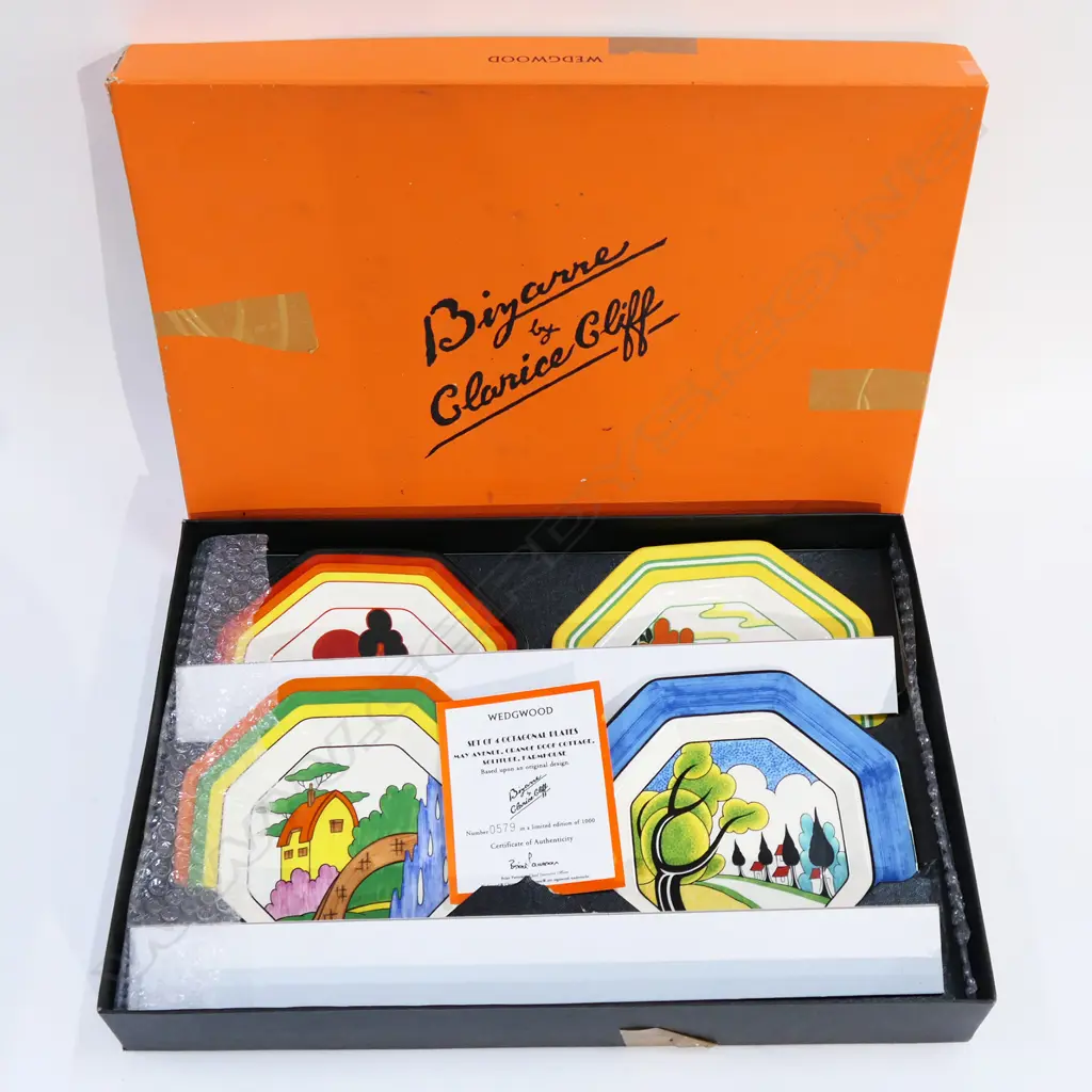 4 WEDGWOOD BIZARRE BY CLARICE CLIFF OCTAGONAL PLATES, 200mm dia, BOXED Image 1++