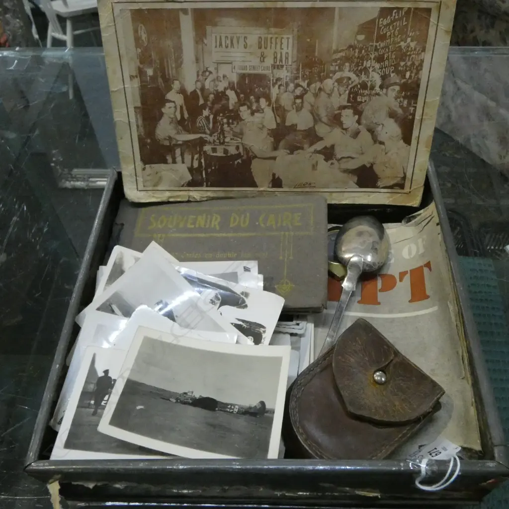 WWII PHOTOS + BRASS COMPASS & EMPHEMERA includes 'The Battle of Egypt' newspaper + silver spoon. postcards + wallet etc Image 1++