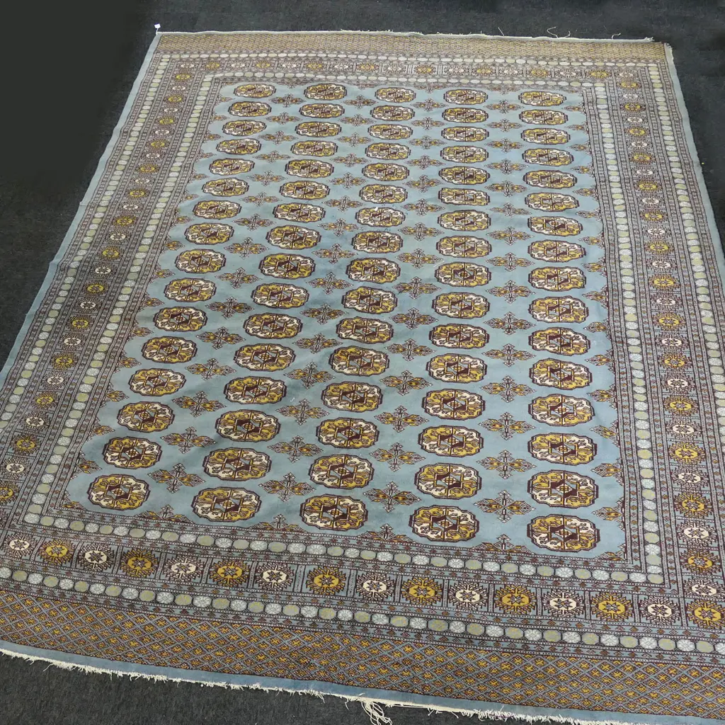 HAND KNOTTED BLUE WOOL PILE RUG 3000x2500mm faults Image 1++