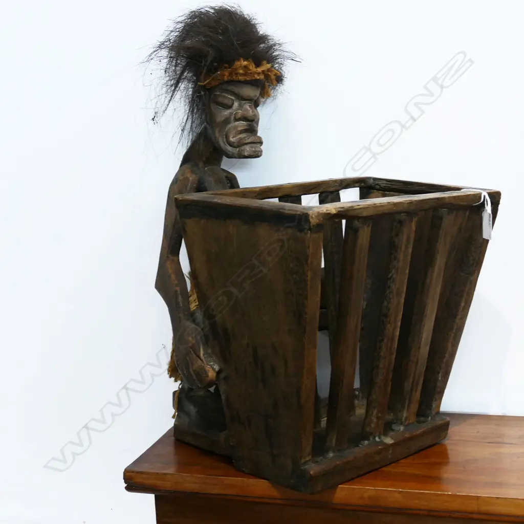 TRIBAL CARVED WOODEN FIGURE w. BASKET H.500mm Image 1++