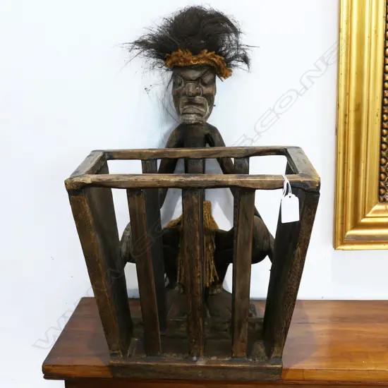 TRIBAL CARVED WOODEN FIGURE w. BASKET H.500mm