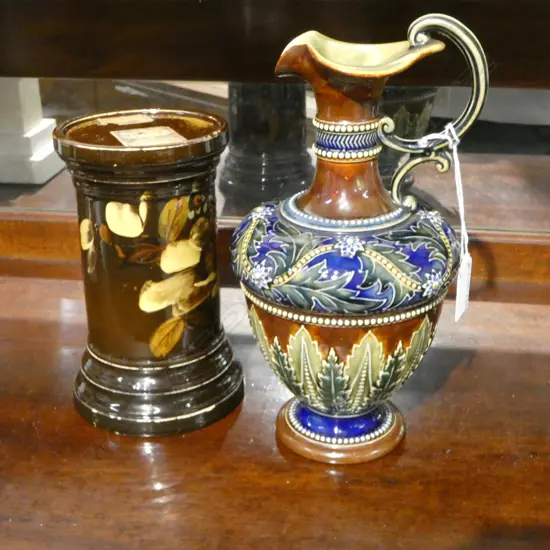 DOULTON LAMBETH EWER FOR ART UNION LONDON BY LIZZIE AXFORD H.240mm + BROWN GLAZED PLINTH H.175mm