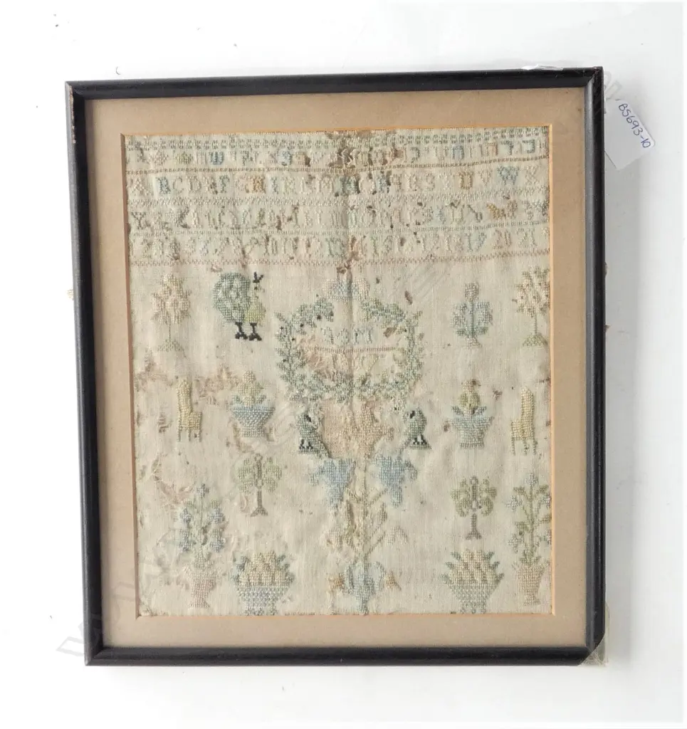 A framed antique alphabet German sampler c.1807 230 x 265mm some damage and fading..., Image 1++