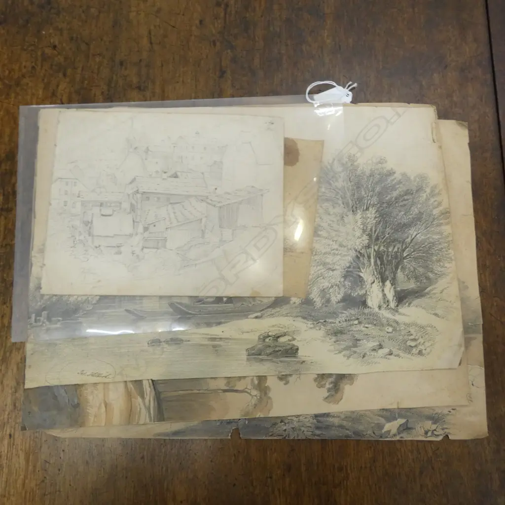 5 ANTIQUE EUROPEAN PENCIL DRAWINGS 390x290mm Image 1++