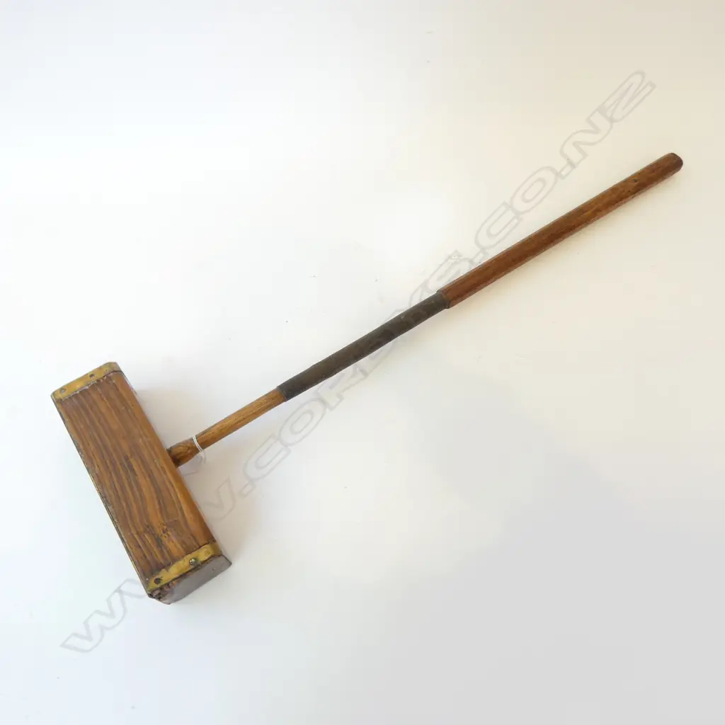 OLD CROQUET MALLET WITH BRASS BINDING, MAKER ' CHAMY?' EMBOSSED, L.820mm Image 1++