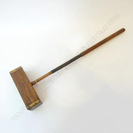 OLD CROQUET MALLET WITH BRASS BINDING, MAKER ' CHAMY?' EMBOSSED, L.820mm