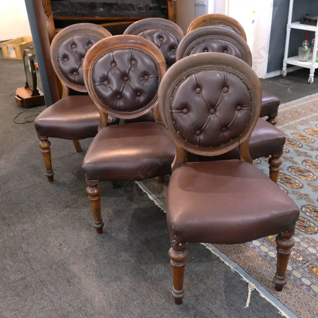 6 VICTORIAN DINING CHAIRS, BROWN VINYL UPHOLSTERY Image 1++