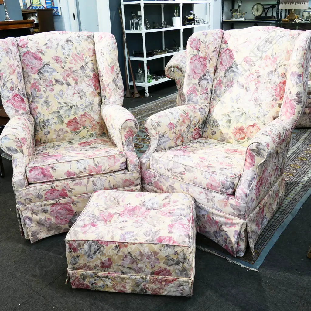 PR DANSKE MOBLER FLORAL WINGBACK ARMCHAIRS + FOOTREST Image 1++