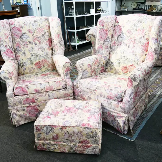 PR DANSKE MOBLER FLORAL WINGBACK ARMCHAIRS + FOOTREST