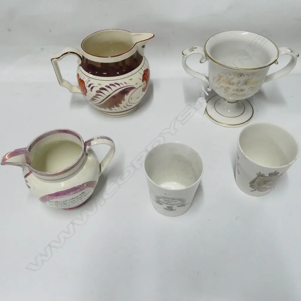 2 LUSTRE JUGS, CUP 'JOHN MANNERS 1850' H.150mm, 2 R. DOULTON ROYAL BEAKERS Image 1++