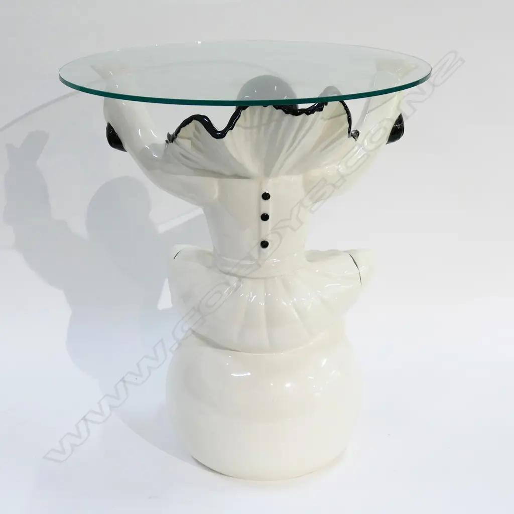 CERAMIC PIERROT CLOWN GLASS TOPPED SIDE TABLE H.420mm Image 1++