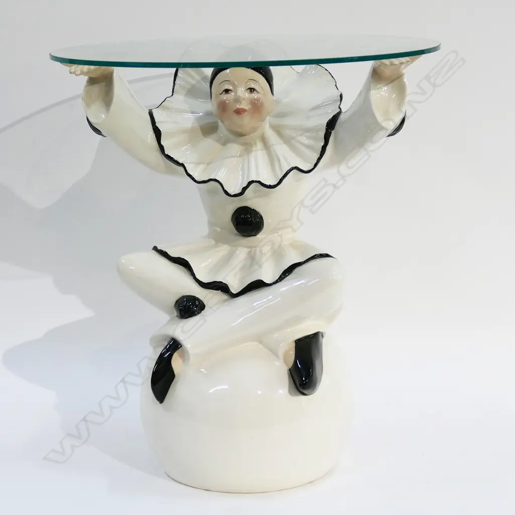CERAMIC PIERROT CLOWN GLASS TOPPED SIDE TABLE H.420mm Image 1++