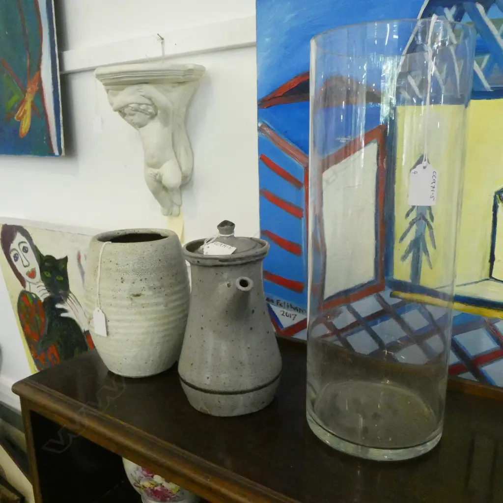 NZ STUDIO POTTERY COFFEE POT H.220mm, LG GLASS VASE, CHERUB SCONCE & PLANTER Image 1++