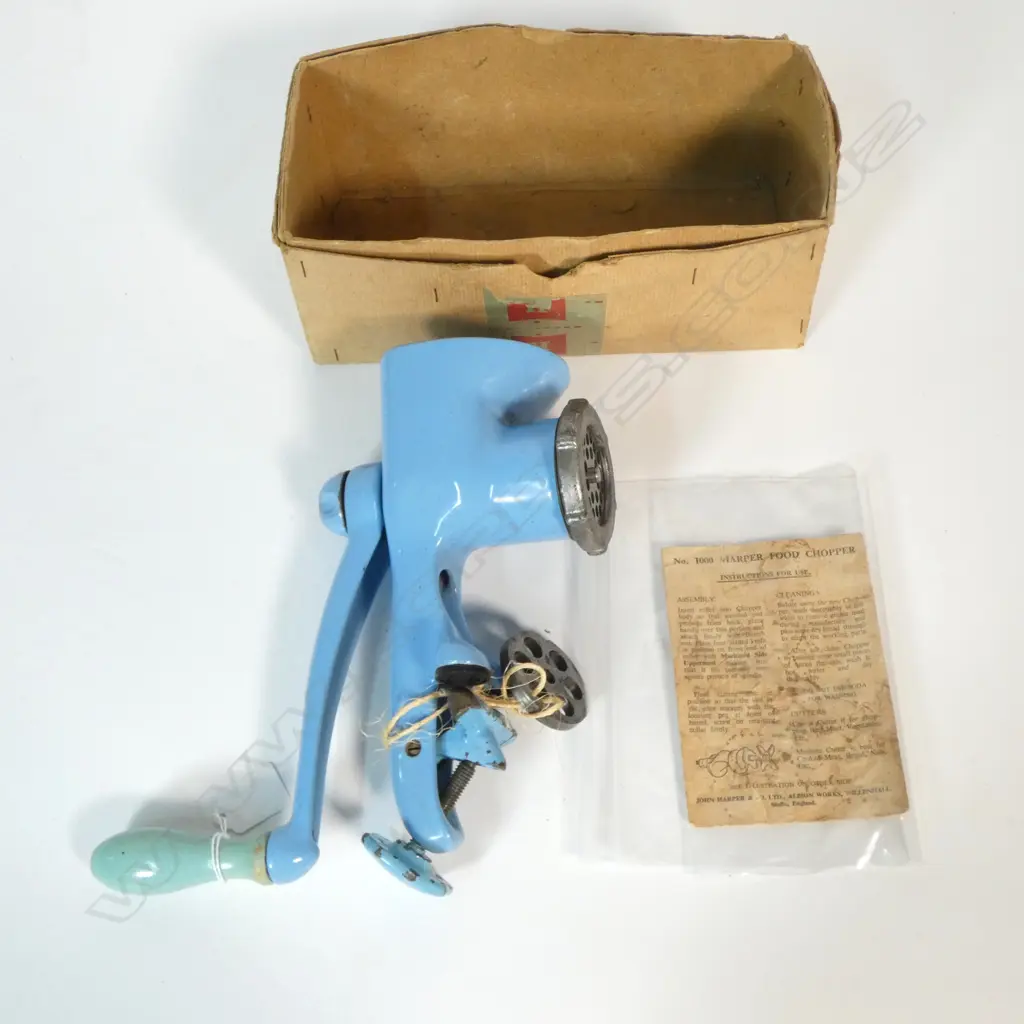 CAST IRON & BLUE ENAMEL HARPER FOOD CHOPPER No.1000 w. ORIGINAL BOX & INSTRUCTIONS L.250mm Image 1++