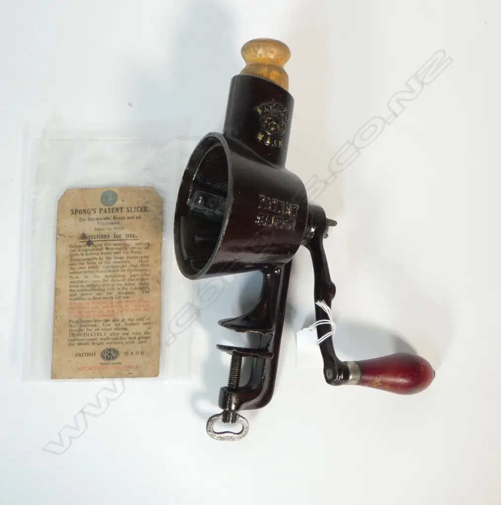 ANTIQUE CAST IRON SPONG FOOD SLICER w. ORIGINAL BOX AND INSTRUCTIONS L.300mm Image 1++