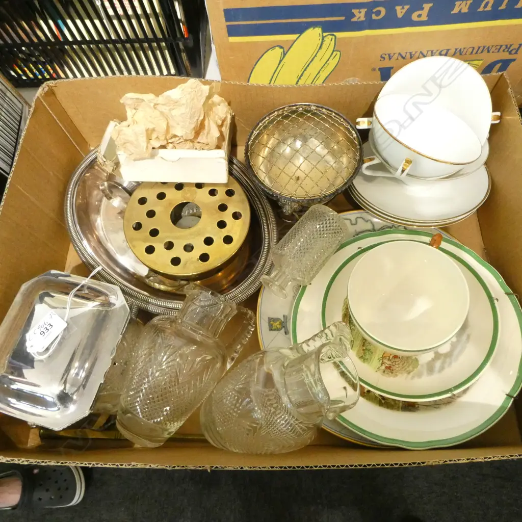 BOX OF OLD SILVER PLATE + COPELAND SPODE HUNTING CHINA + PR ANTIQUE CUT CRYSTAL JUGS ETC Image 1++