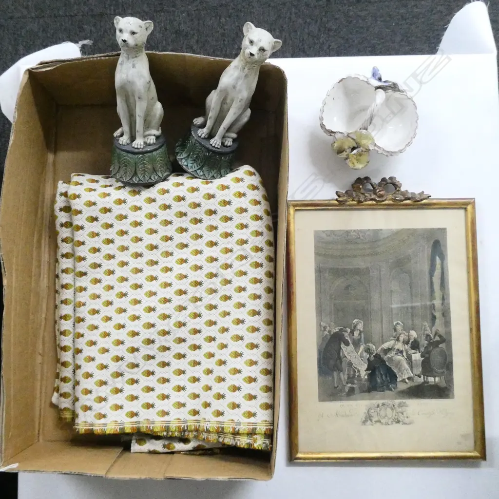 FRENCH COLOURED ENGRAVING 345x245mm, UPHOLSTERY FABRIC, PR PAINTED RESIN CATS H.220mm, BASKET AF Image 1++