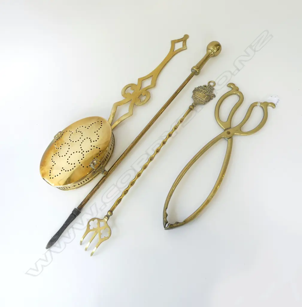 4 PCES BRASS; CHESTNUT ROASTER, POKER, TOASTING FORK, TONGS Image 1++