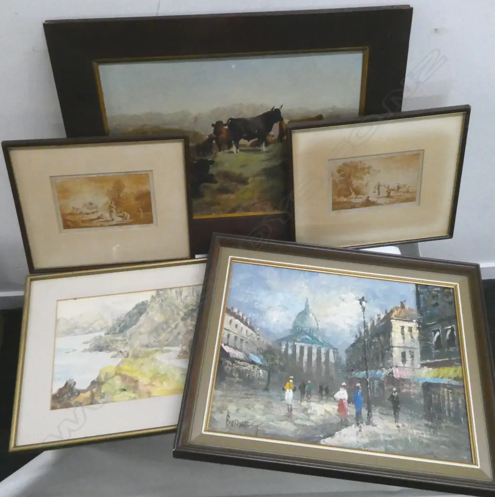 5 ARTWORKS; PARIS OIL, CATTLE OIL 280x420mm, S. MEEK SHELLY BAY WC, PR BALZER ETCHINGS Image 1++
