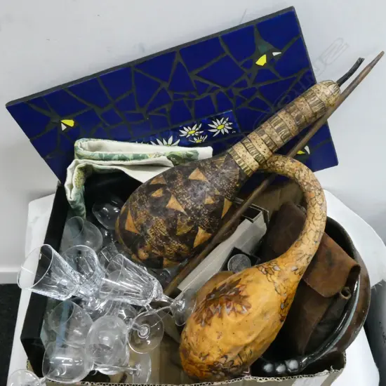 DRINKING GLASSES, GOURDS, TILE ART ETC