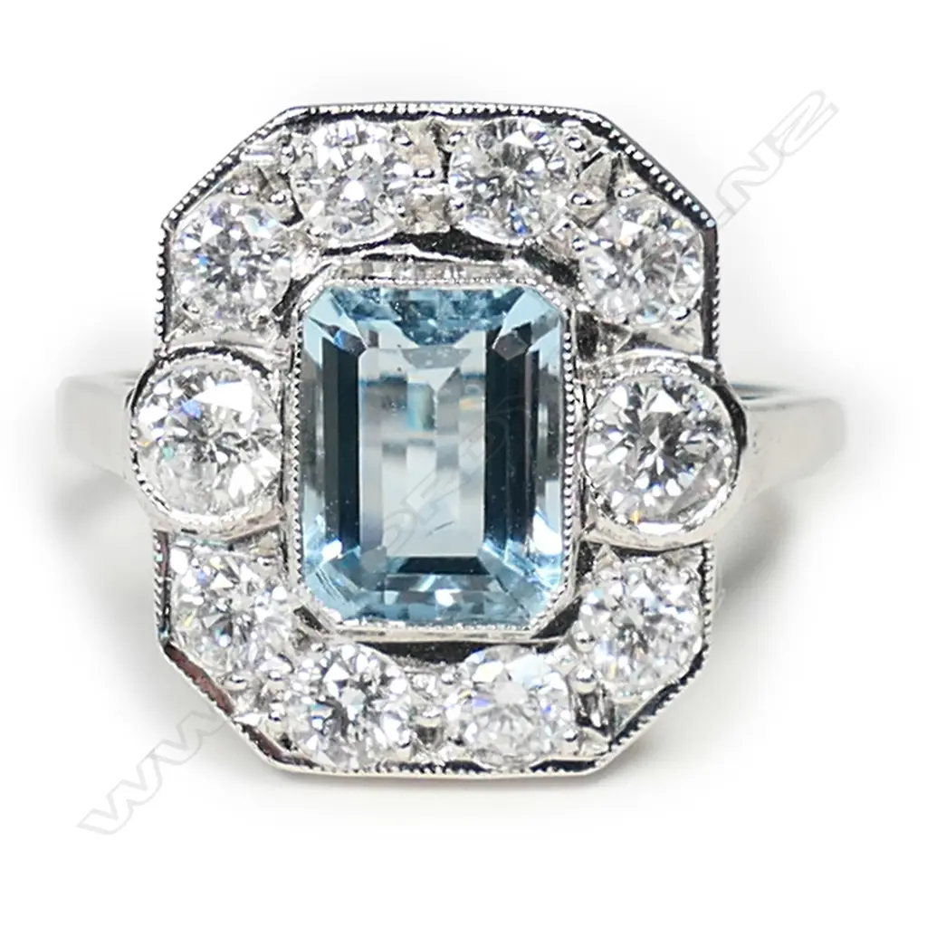 An 18ct white gold, aquamarine and diamond Art Deco style ring, Image 1++