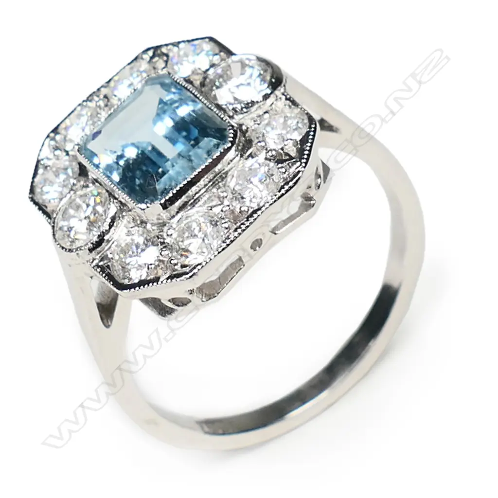 An 18ct white gold, aquamarine and diamond Art Deco style ring, Image 1++