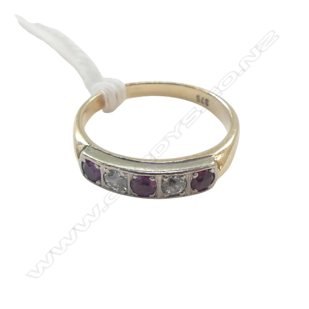 9ct GOLD ART DECO 3 RUBY? & 2 CZ ETERNITY RING 2.4gms SIZE K Image 1++