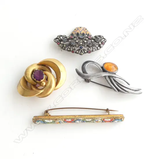 4 BROOCHES; PINCHBECK, MOSAIC, AMBER, SILVER