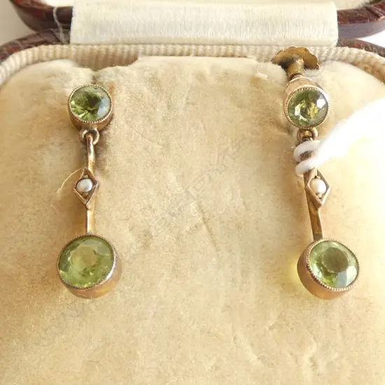 PR EDWARDIAN 9ct GOLD PERIDOT & SEED PEARL EARRINGS screw fittings IN ORIGINAL FITTED BOX Stewart Dawson