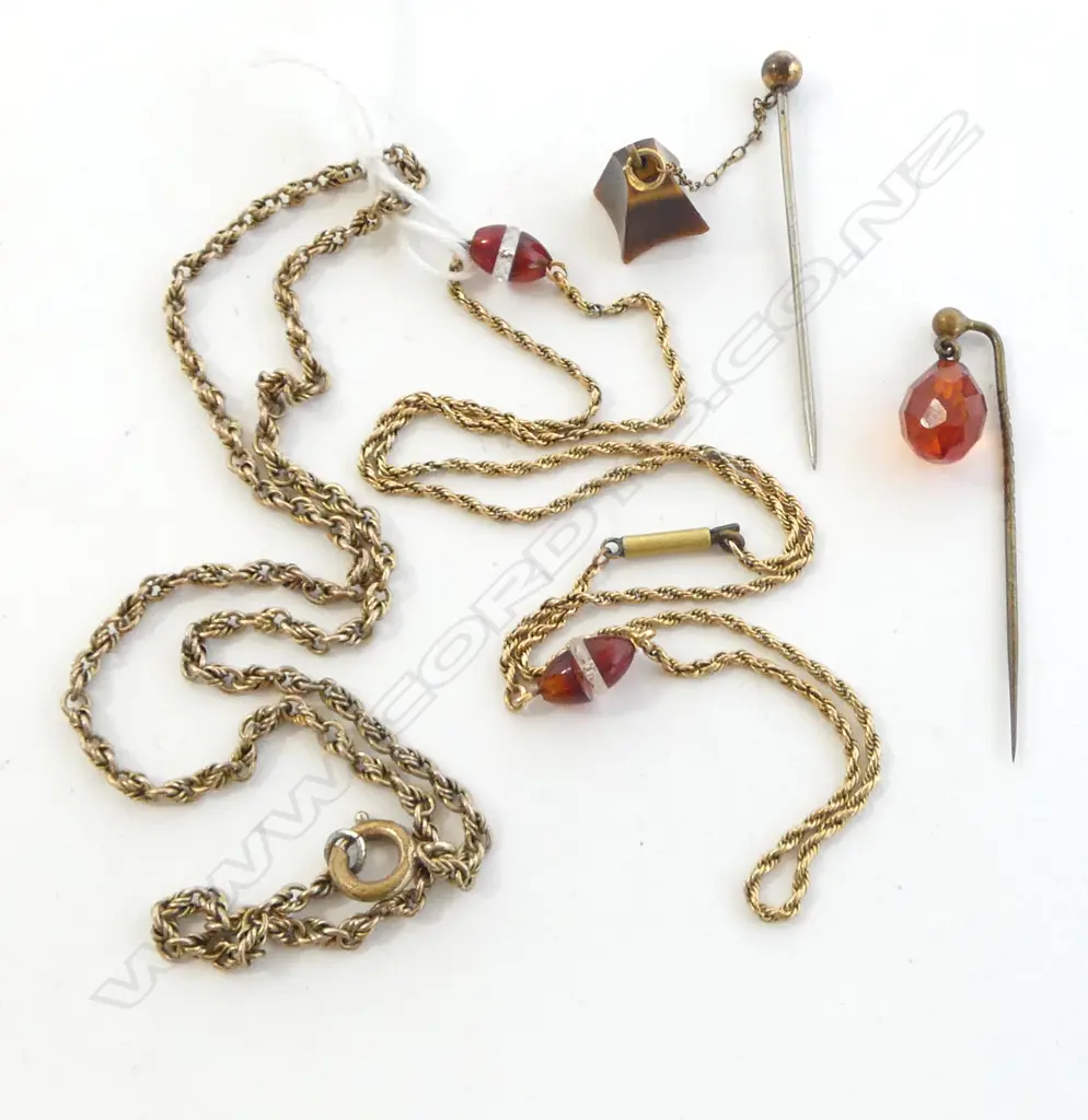 2 unmarked GOLD CHAINS testing as 9ct (8.3gm) & 14ct (5.6gm) w amber colour & cut glass beads & 2 STICK PINS Image 1++