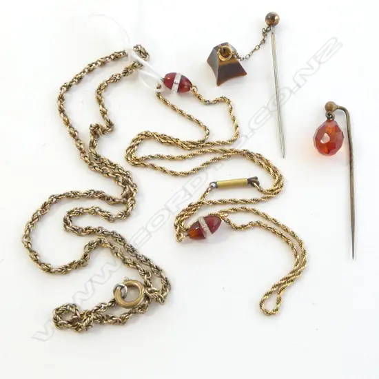 2 unmarked GOLD CHAINS testing as 9ct (8.3gm) & 14ct (5.6gm) w amber colour & cut glass beads & 2 STICK PINS