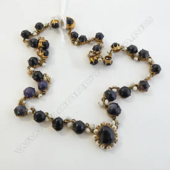 ANTIQUE 14ct AMETHYST & SEED PEARL CHOKER NECKLACE, L.350mm 19gm (unmarked tests as 14ct) PEARLS A/F