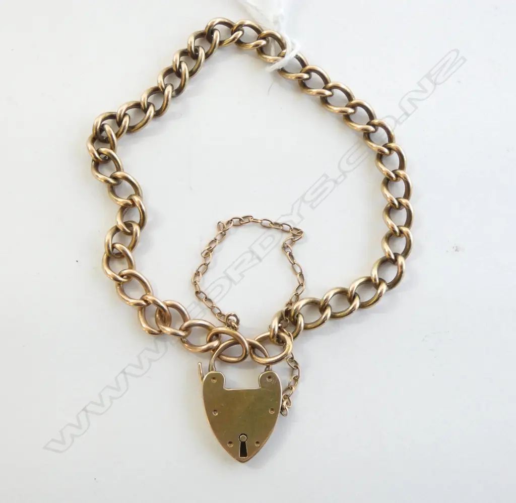 14ct GOLD CURB LINK BRACELET w HEART CLASP, unmarked tests as 14ct, 21gm Image 1++