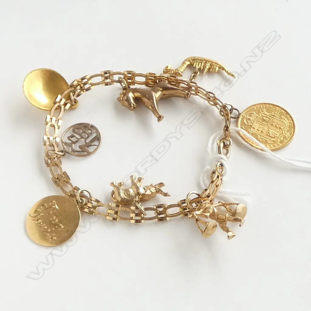 9CT GOLD CHARM BRACELET WITH 18CT/9CT CHARMS AND A VICTORIAN HALF SOVEREIGN 22gm Image 1++
