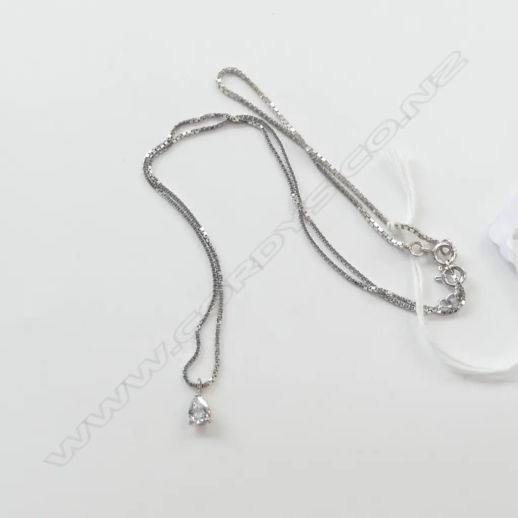 18ct WHITE GOLD CHAIN 38cm w SILVER EXTENSION & CZ PENDANT, 4.3gm (weight gold part of chain & pendant) Image 1++