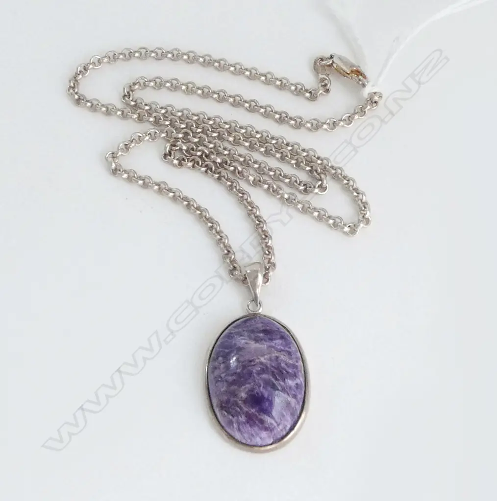 SILVER SET PURPLE AGATE STONE PENDANT on SILVER CHAIN, L.430mm  Image 1++